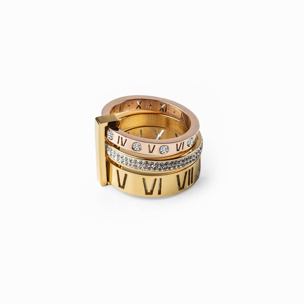 Stacked Roman Numeral Gold and Rose Ring with Crystal Accent